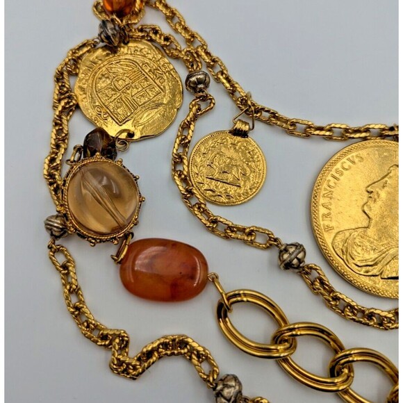 Vintage Les Bernard Gold Tone Multi Stand Coin Lucite Long Statement Necklace - Picture 13 of 16